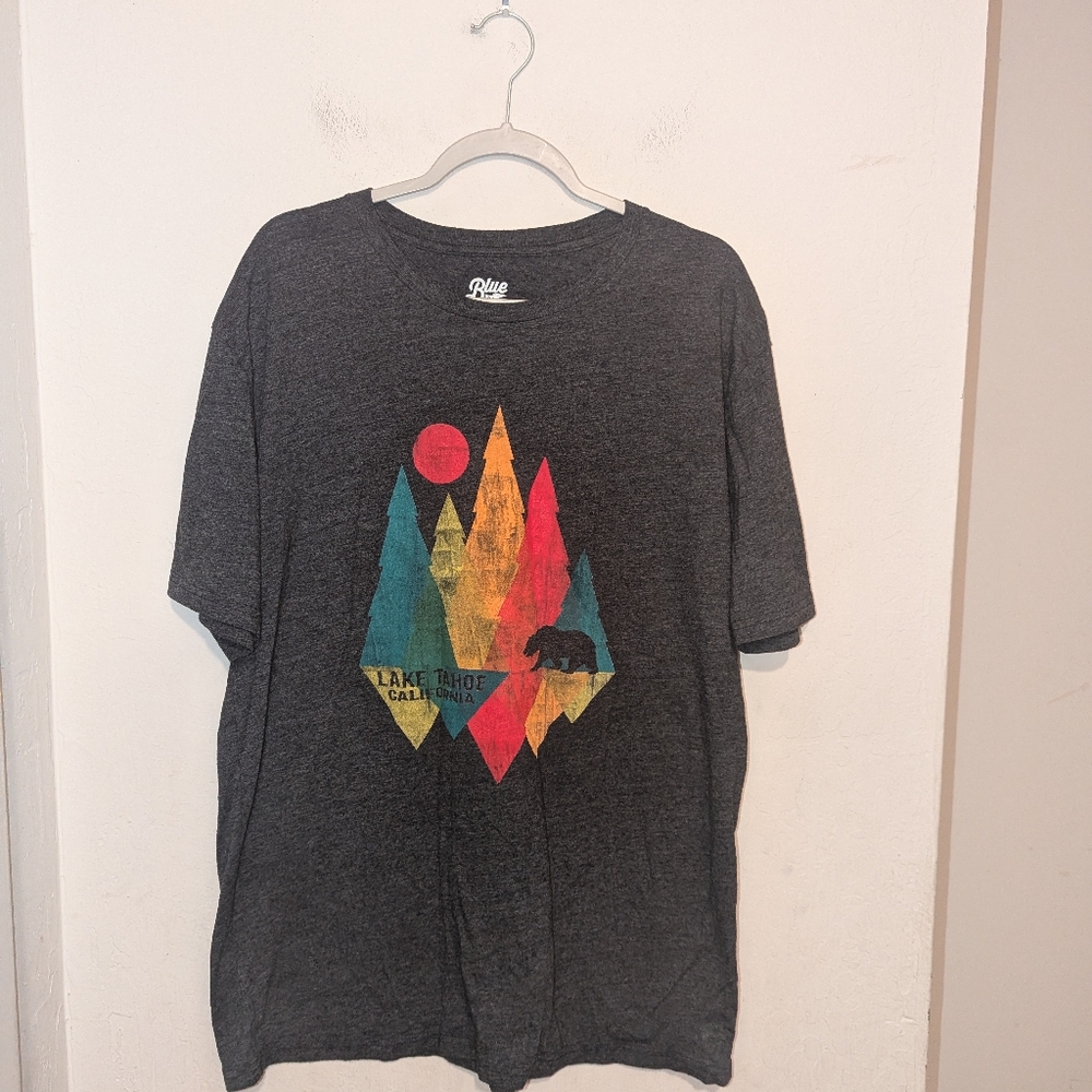 Blue 84 Grey Colorful Lake Tahoe California Short Sleeve Shirt Size XL
